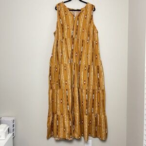 Sonoma Yellow Mustard Aztec Boho Tiered V-Neck Maxi Cotton Dress Women's Sz 3X